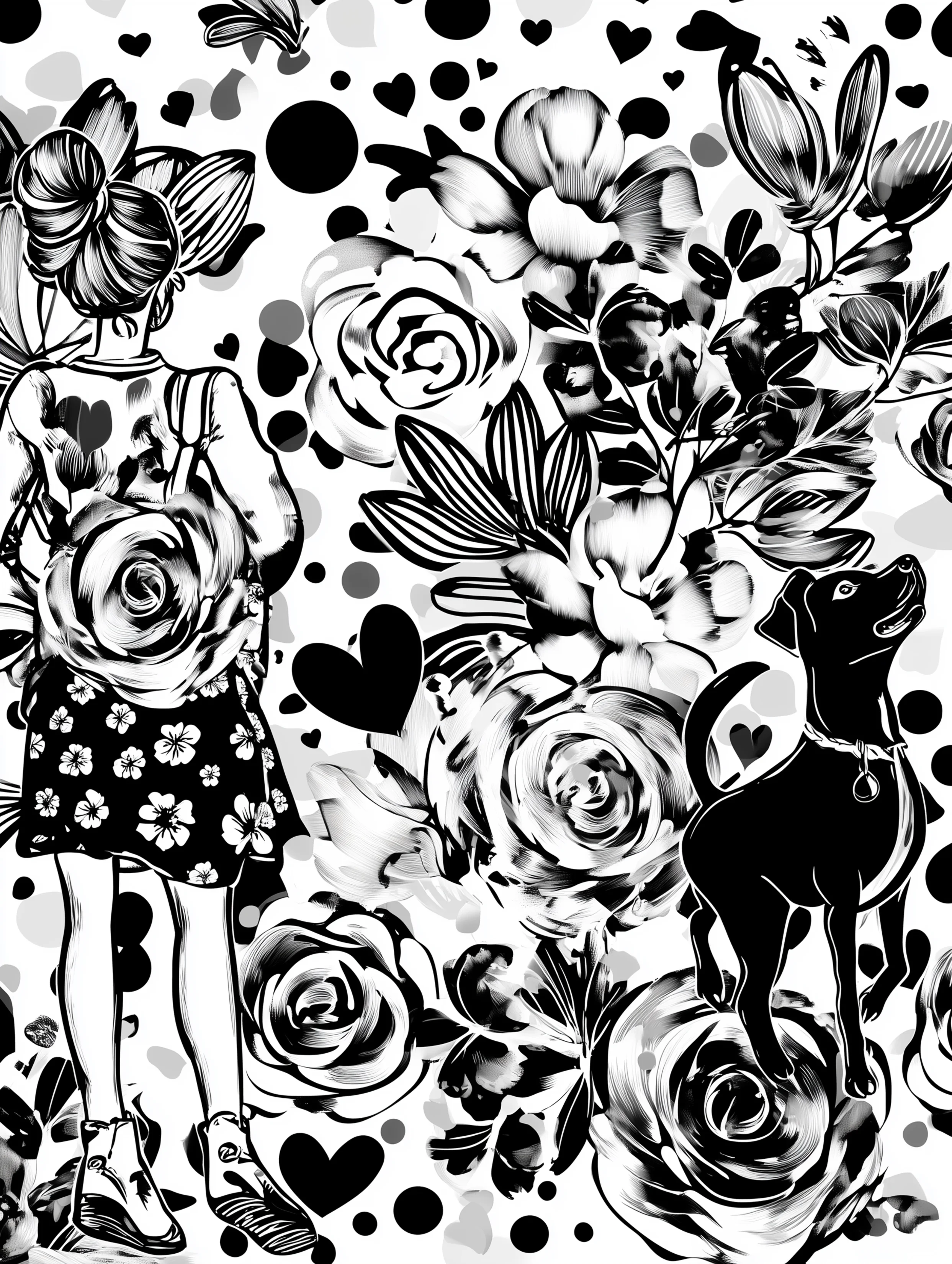 Free printable summer coloring page for adults featuring a hidden woman and dog with floral elements